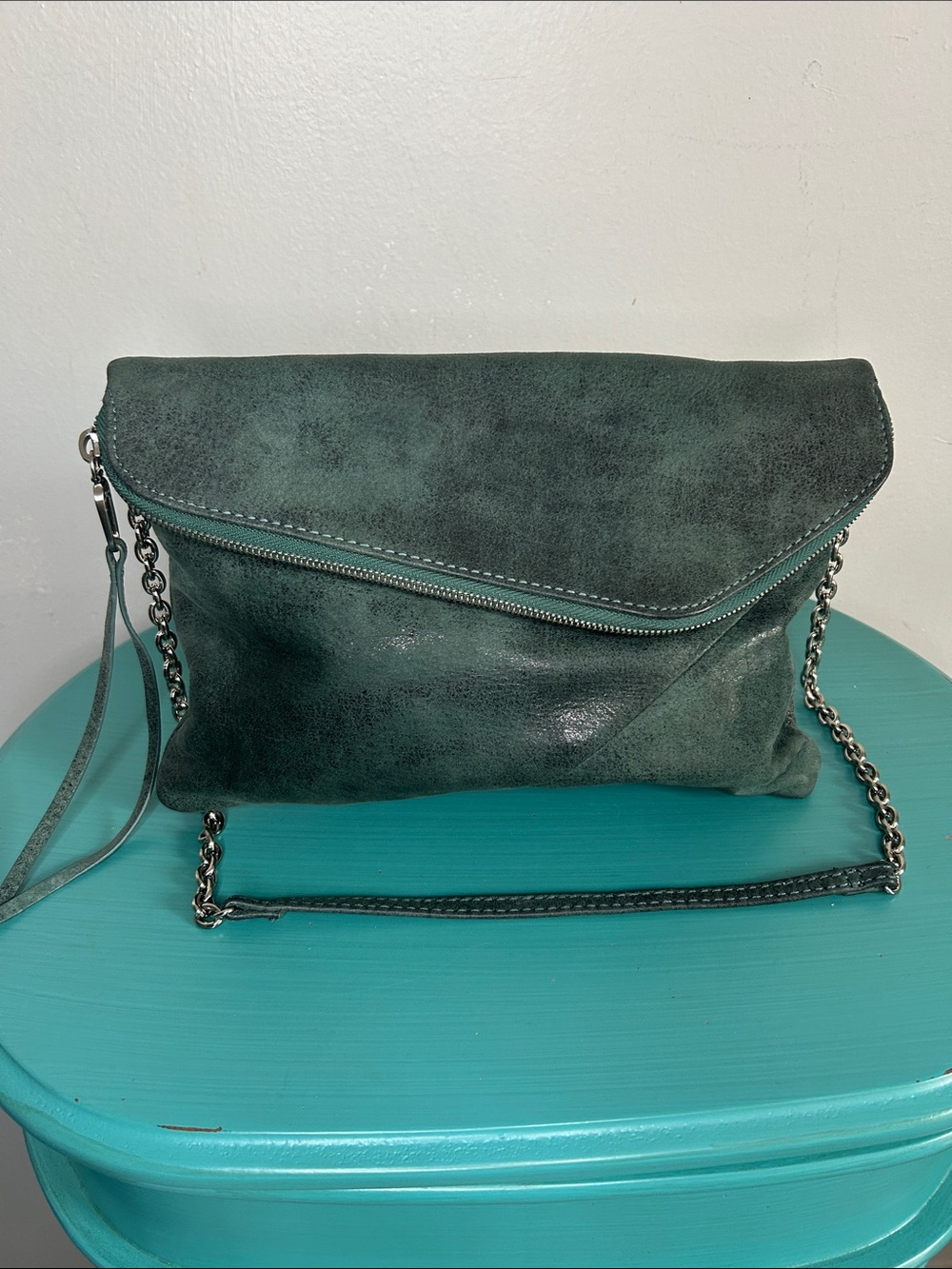 HOBO Buffed Leather in Pine Fold-Over Shoulder Clutch Bag with Chain Strap